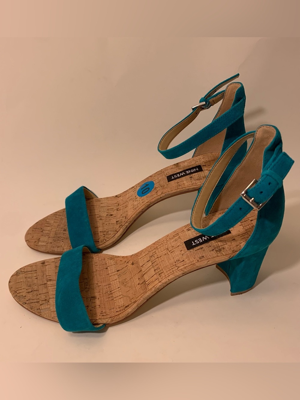 Nine West Teal Suede Block-Heel Ankle-Strap Sandals with Cork Sz 10